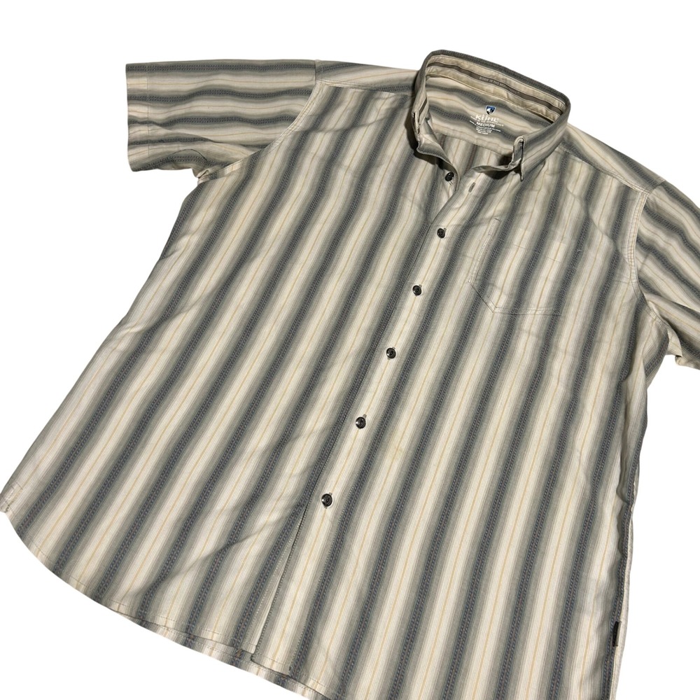 KUHL Button Up Shirt Mens Medium Gray Striped Short Sleeve Outdoor Hiking